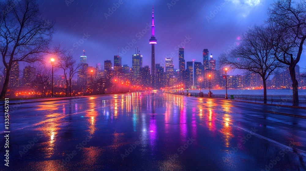 Fototapeta premium Toronto Cityscape at Night, Reflections in Wet Streets