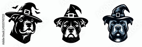 Pittbulls Dog's face wear witch hat in halloween vector illustration a spooky canine friend for a festive autumn graphic