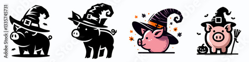 Pig wear witch hat in halloween 0803 3847 vector illustration a spooky swine for Halloween.