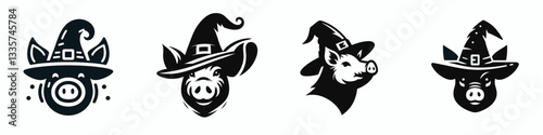 Pig's head wear witch hat in halloween vector outline drawing a spooky minimalist silhouette for a fun Halloween graphic.