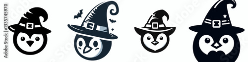 Penguin's face wear witch hat in halloween vector outline drawing a spooky minimalist monochrome graphic
