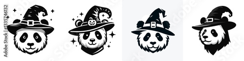Panda's head wear witch hat in halloween vector outline drawing a spooky, cute minimalist graphic for a festive design