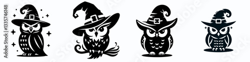 Owl wear witch hat in halloween vector graphic simple minimalist silhouette a spooky Halloween night doodle