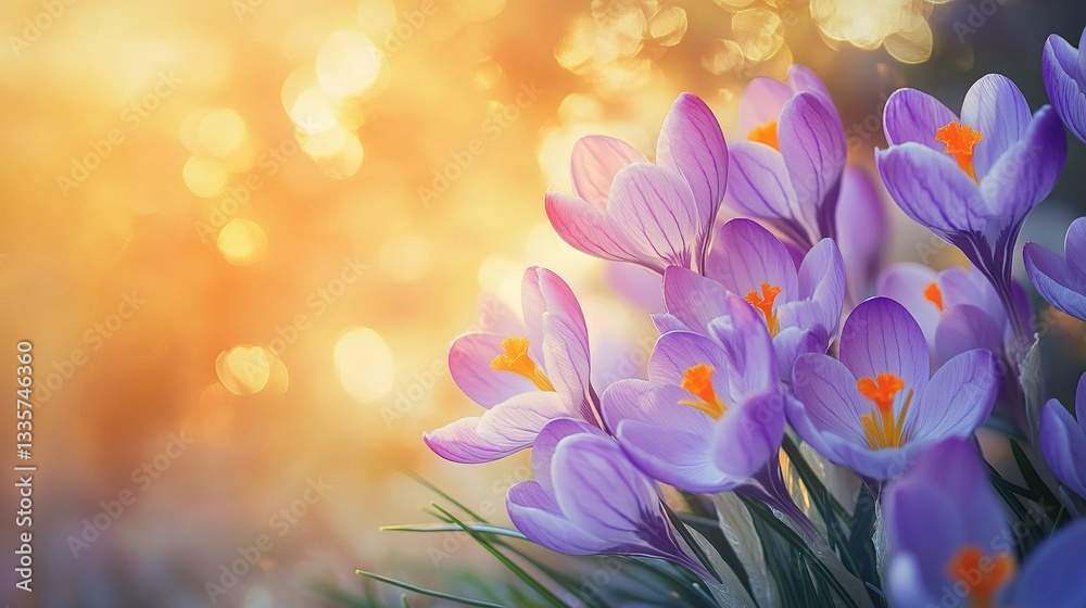 Fototapeta premium Sunrise Crocuses: A cluster of delicate purple crocuses bloom with radiant beauty, bathed in the soft, golden light of a rising sun. The bokeh effect creates a dreamy, magical atmosphere.