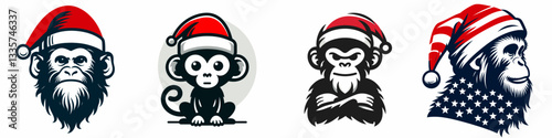 Monkey wear santa hat as Santa Claus 0803 1931 vector outline drawing a festive primate holiday graphic simple minimalist silhouette.