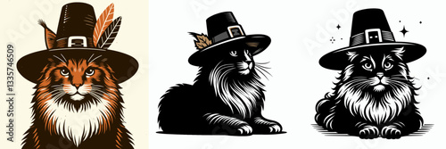 Maine Coon Cat wearing a pilgrim hat in Thanksgiving  a simple vector graphic of a feline celebrating the harvest.