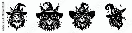 Maine Coon Cat's head wear witch hat in halloween vector illustration a spooky feline friend for your Halloween designs