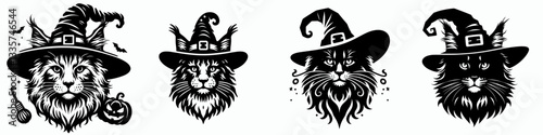 Maine Coon Cat's face wear witch hat in halloween vector outline drawing a spooky feline friend for a Halloween greeting card