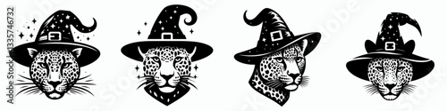 Leopards face wears a witch hat in Halloween a simple vector graphic outline drawing of a feline in spooky attire