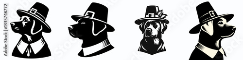 Labrador Retriever Dog wear pilgrim hat in thanksgiving vector graphic simple minimalist outline drawing of a friendly fall pup.