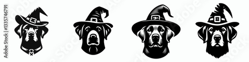 Labrador Retriever Dog's face wears a witch hat in Halloween; create a simple vector outline drawing of this spooky pup.