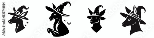 Kangaroo's head wear witch hat in halloween vector graphic simple monochrome minimalist silhouette doodle marsupial hopping festive autumn.