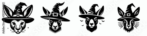 Kangaroo's face wear witch hat in halloween 2010 vector graphic simple minimalist silhouette doodle marsupial autumn festival.