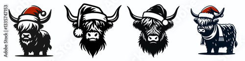 Highland Cow wear santa hat as Santa Claus 0803 4237 vector graphic simple monochrome minimalist silhouette doodle a festive winter scene
