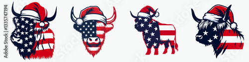 Highland Cow wear santa hat as Santa Claus 0803 1746 vector graphic simple minimalist silhouette of a festive bovine enjoying Christmas.