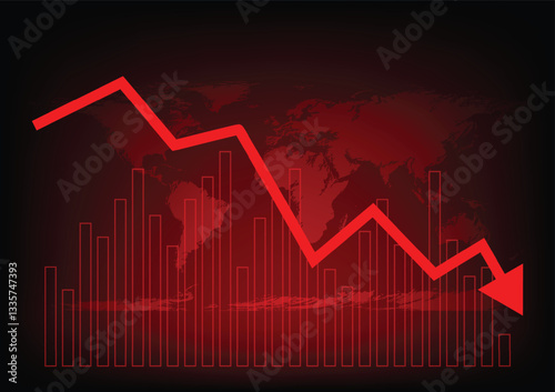 Economic critical crisis concept. The bar graph with a down arrow on red world map background. Recession financial, cryptocurrency, gold, and the stock market. Losing money and cash. Bearish.