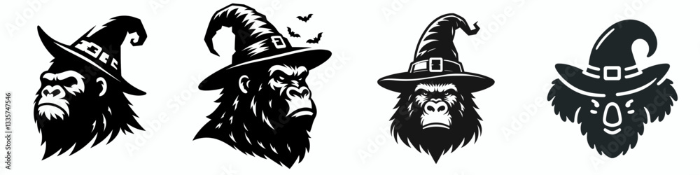 Gorilla's head wear witch hat in halloween vector outline drawing a spooky primate for autumn festivities Gorilla's head wear witch hat in halloween vector outline drawing a spooky primate for autumn festivities