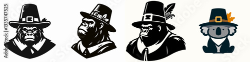 Gorilla wear pilgrim hat in thanksgiving vector drawing a thankful primate celebrating harvest.