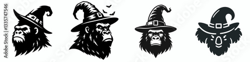 Gorilla's head wear witch hat in halloween vector outline drawing a spooky primate for autumn festivities