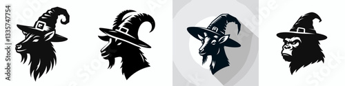 Goat's head wear witch hat in halloween vector graphic simple minimalist silhouette doodle a spooky farm animal for autumn.