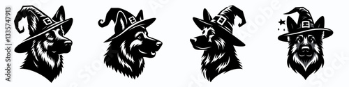German Shepherd Dog's head wear witch hat in halloween vector graphic simple minimalist silhouette a spooky canine for autumn.