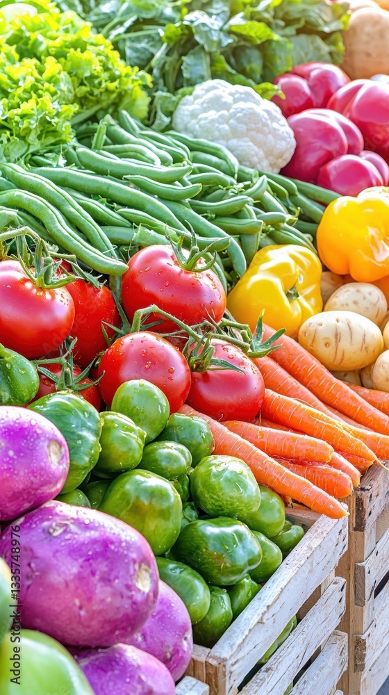 Bright sunlight bathes a farmers market stand filled with organic vegetables Bright sunlight bathes a farmers market stand filled with organic vegetables