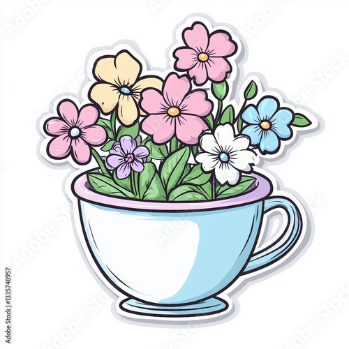 A colorful flower arrangement is in a white cup