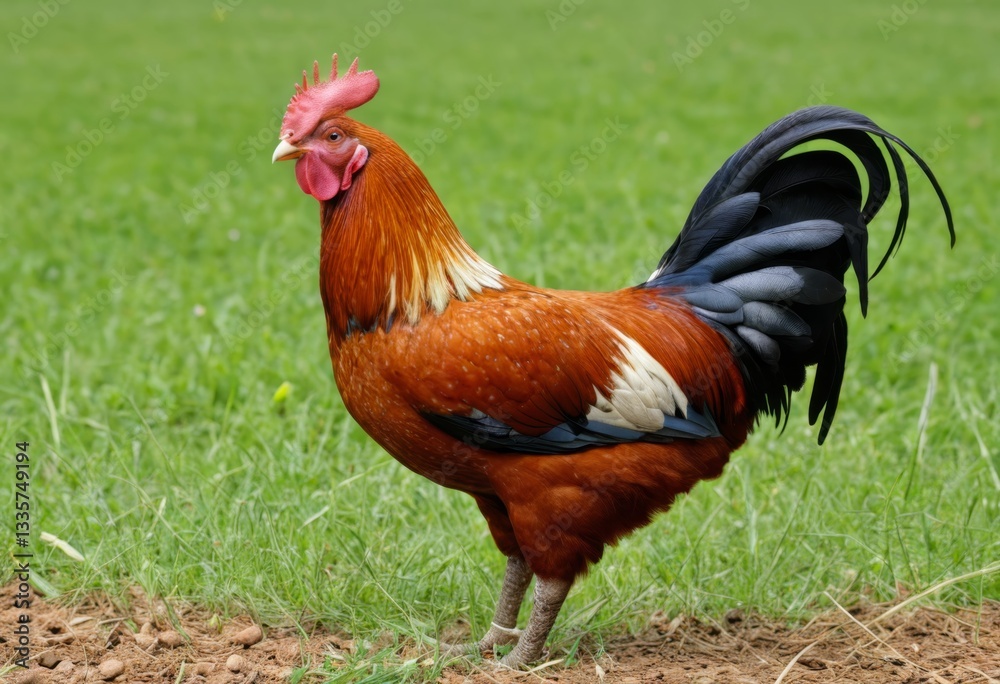 Fototapeta premium The rooster stood on the ground in the grass