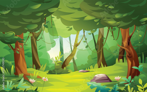 Jungle forest with foliage, trees, and bright sunlight filtering through the leaves. Vector cartoon landscape illustration