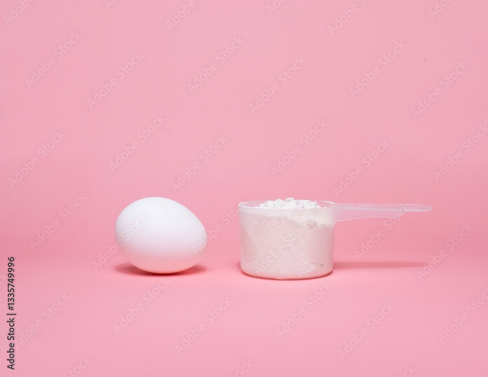 A scoop of dietary supplements and an egg on a soft pink background, highlighting nutrition, protein, and healthy eating for fitness enthusiasts. A scoop of dietary supplements and an egg on a soft pink background, highlighting nutrition, protein, and healthy eating for fitness enthusiasts.