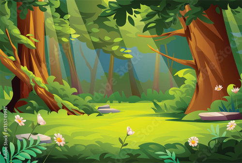 Serene forest scene with a peaceful atmosphere, trees, and soft light rays shining through the leaves. Vector cartoon landscape illustration