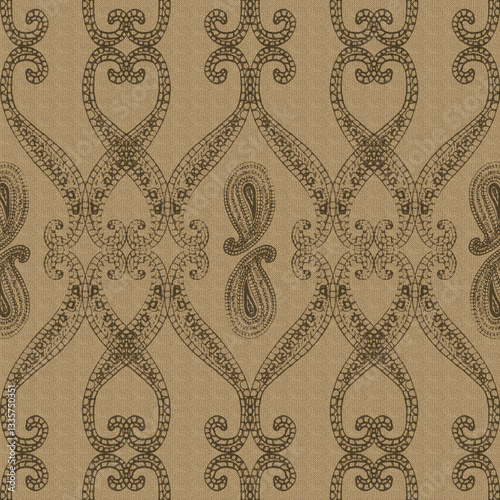 Vintage beige ornamental background with elegant paisley pattern and textured paper surface. Neutral earthy tones, classic decorative style, ideal for wallpapers, textiles, branding, background design