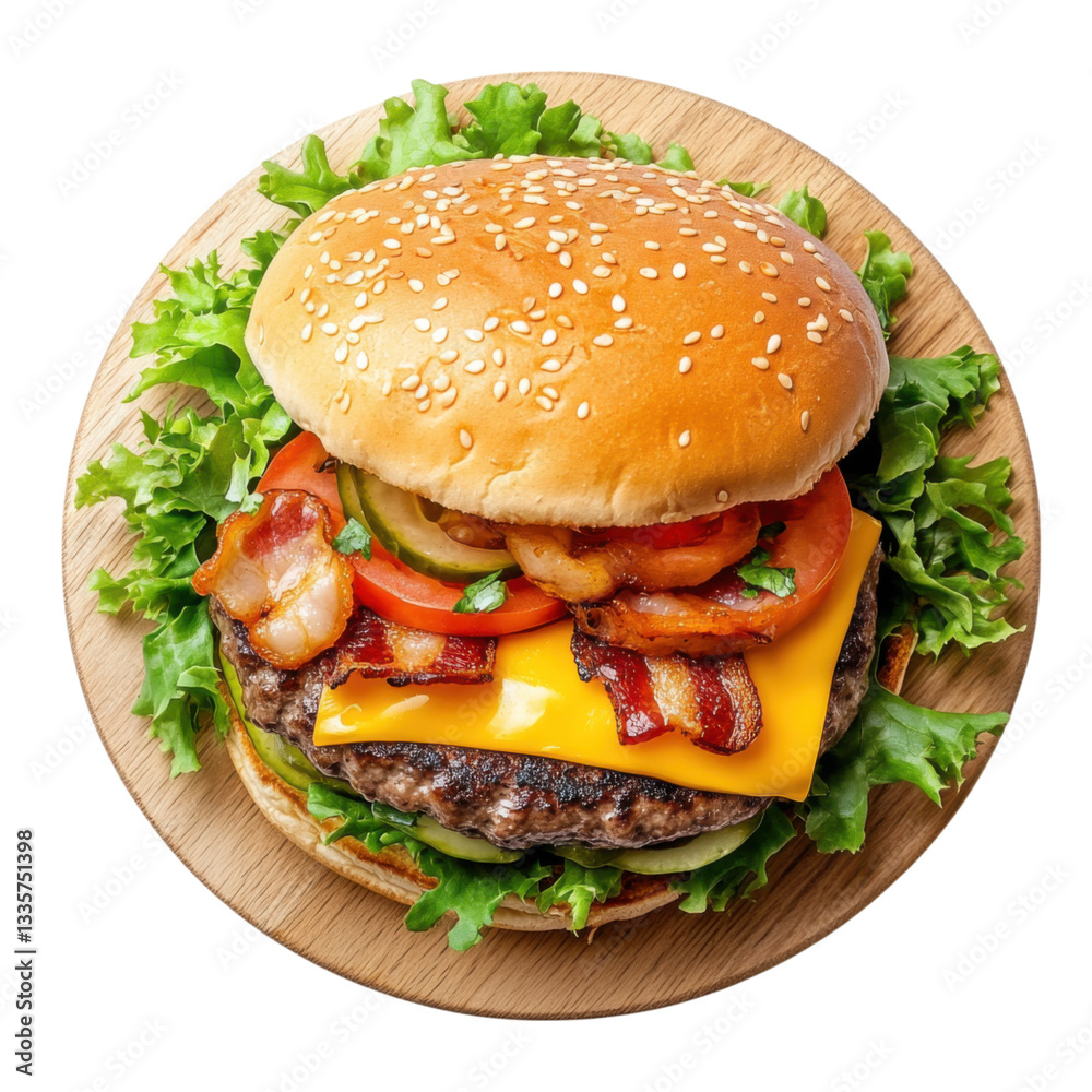 isolated transparent Background. Gourmet burger with bacon, cheese, and fresh vegetables on wooden board isolated transparent Background. Gourmet burger with bacon, cheese, and fresh vegetables on wooden board