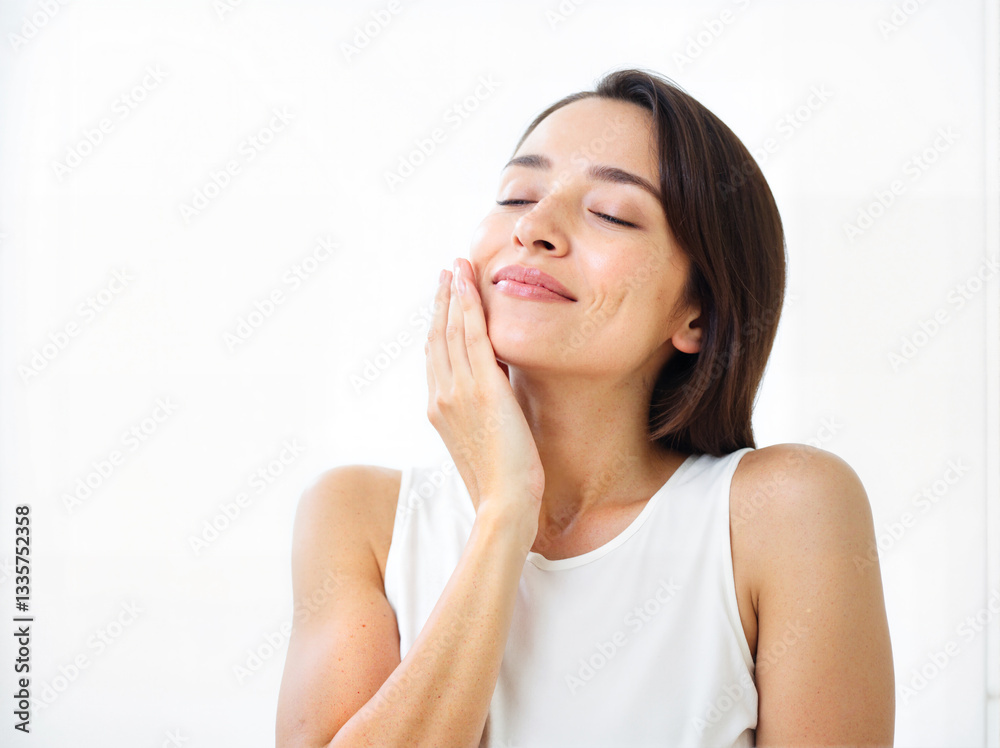 Serene woman enjoying soft skin, eyes closed, hand on face. Expressing peace and natural beauty. Serene woman enjoying soft skin, eyes closed, hand on face. Expressing peace and natural beauty.