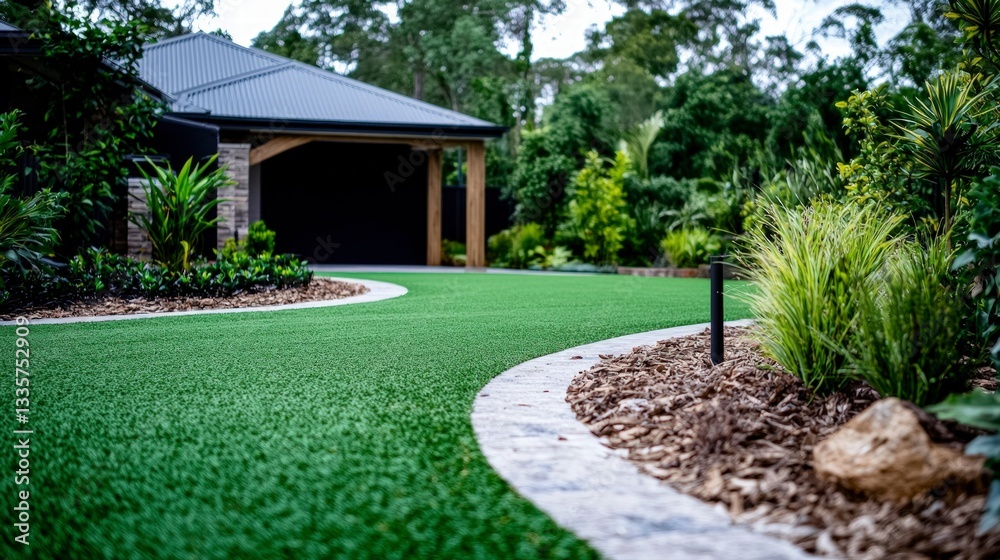 Modern Backyard Landscaping Artificial Turf Timber Edging Lush Greenery Modern Backyard Landscaping Artificial Turf Timber Edging Lush Greenery