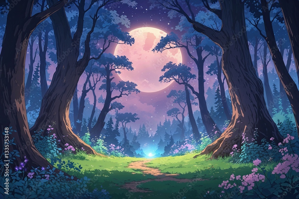 Obraz premium Magical Twilight Forest Canvas Illustration in Anime Cartoon Style