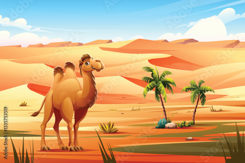 A camel standing in a desert with palm trees, dunes, and sparse vegetation. Vector cartoon illustration