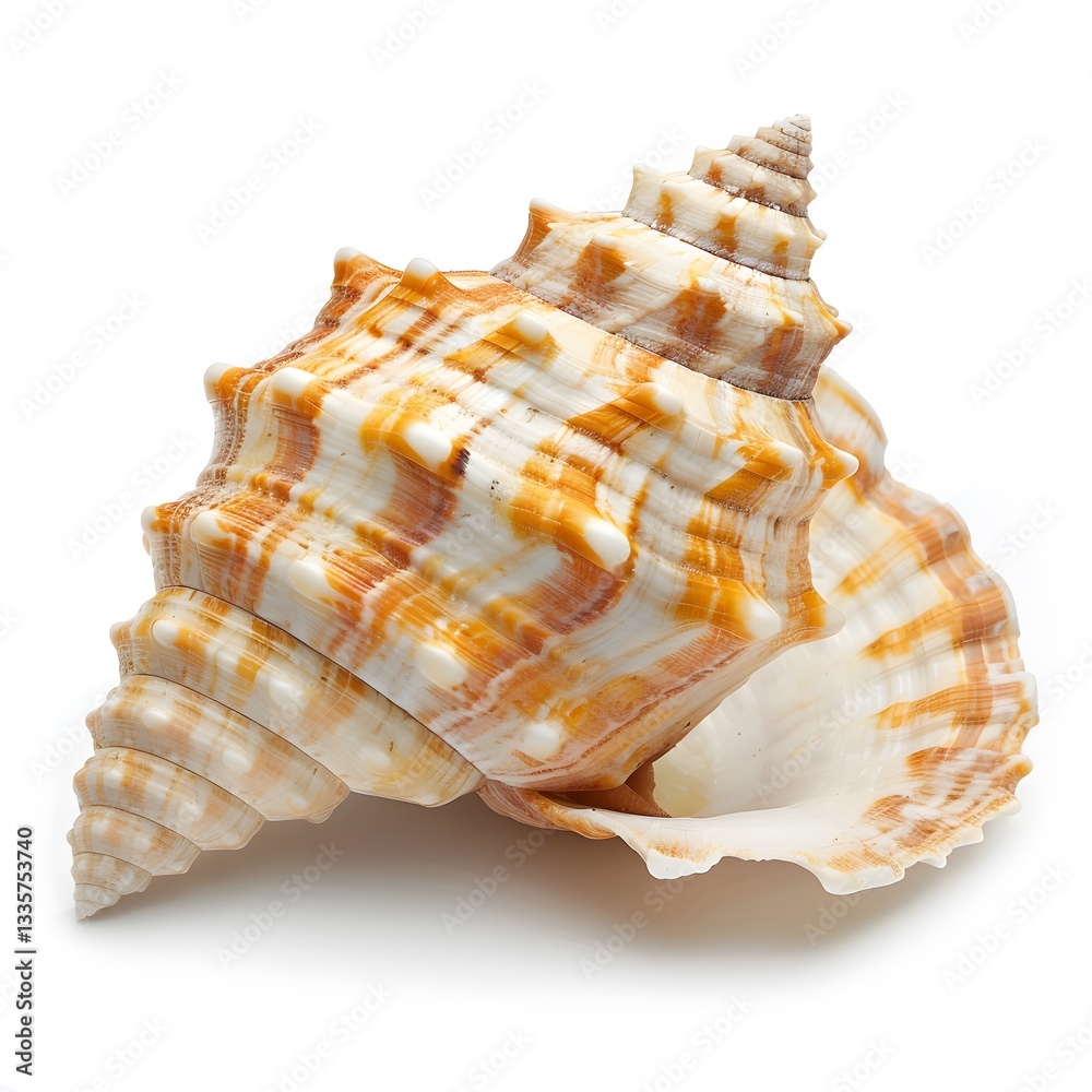 Stunning Spiral Shell with Orange and Brown Patterns on White Background Stunning Spiral Shell with Orange and Brown Patterns on White Background