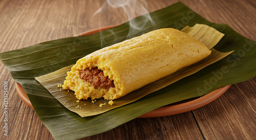 Freshly steamed traditional tamale with a savory meat filling, served on a banana leaf and placed on a rustic clay plate on a wooden table.