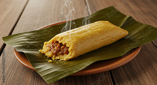 Steaming hot traditional tamale with a delicious meat filling, wrapped in a banana leaf and served on a rustic clay plate on a wooden table.