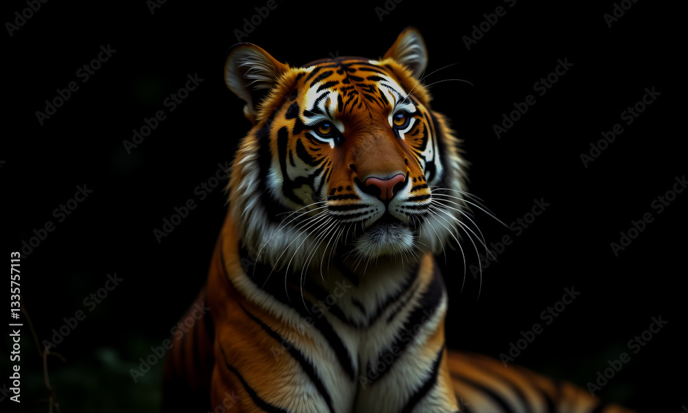 Fototapeta premium A majestic tiger with orange and black stripes gazes intently against a dark backdrop. Its fur appears soft, and its eyes are alert, showcasing its wild beauty.