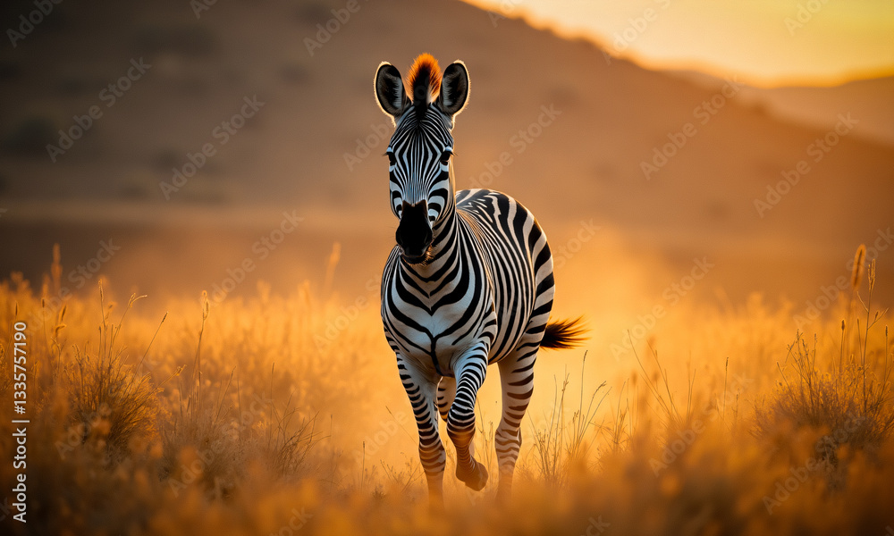 Obraz premium A zebra gallops across a golden savanna during a warm sunset. The wild mammal's stripes are highlighted in the beautiful light of nature.