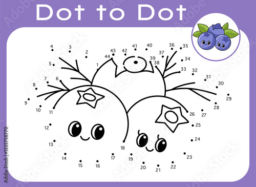 Dot-to-dot game and color activity with blueberry illustration. Fruit connect the dots worksheets for kids. Fruit coloring page for kids. Printable education activity. Kids learning material.