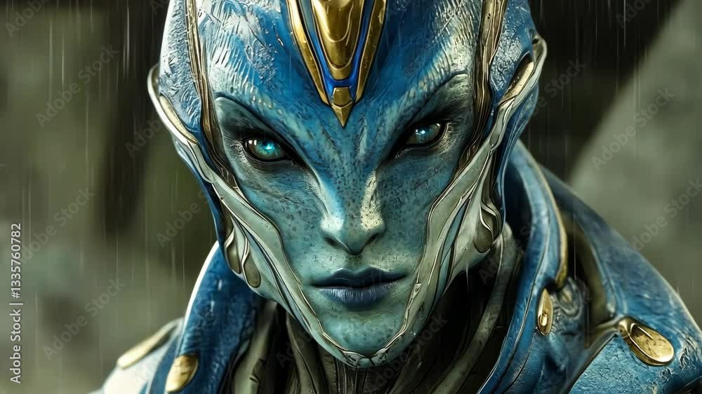 Intricate alien character with blue skin and striking features in a dramatic setting