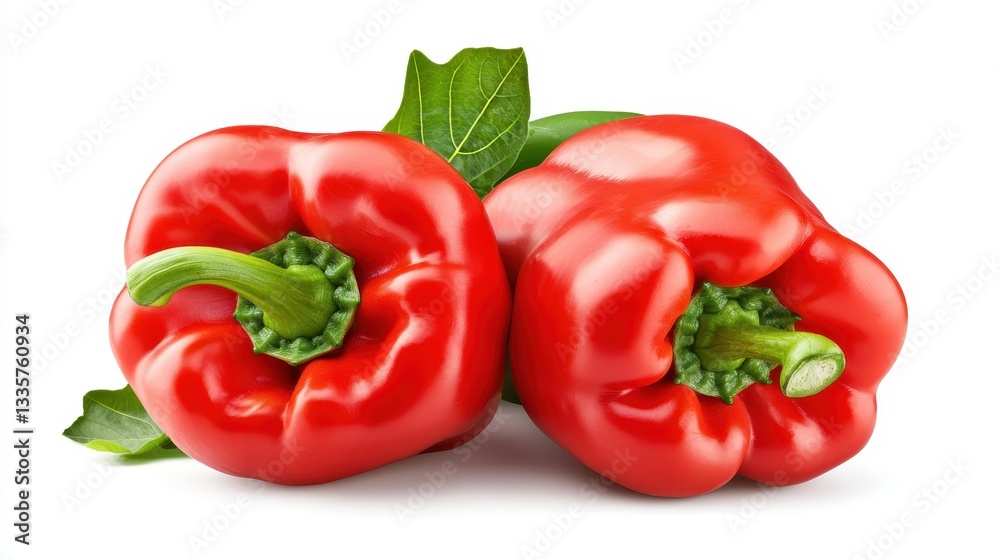 Two Ripe Red Bell Peppers with Green Leaves on White Background Two Ripe Red Bell Peppers with Green Leaves on White Background