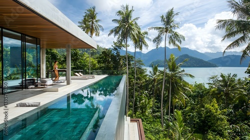 Luxury Villa with a Glass Facade Overlooking a Tropical Landscape