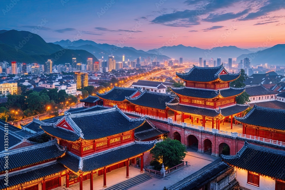 Fototapeta premium Radiant Historical Asian Town with Stunning Cityscape and Enchanting Views at Dusk