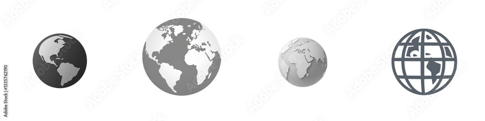 Four global spheres, grayscale isolated on white or transparent Four global spheres, grayscale isolated on white or transparent