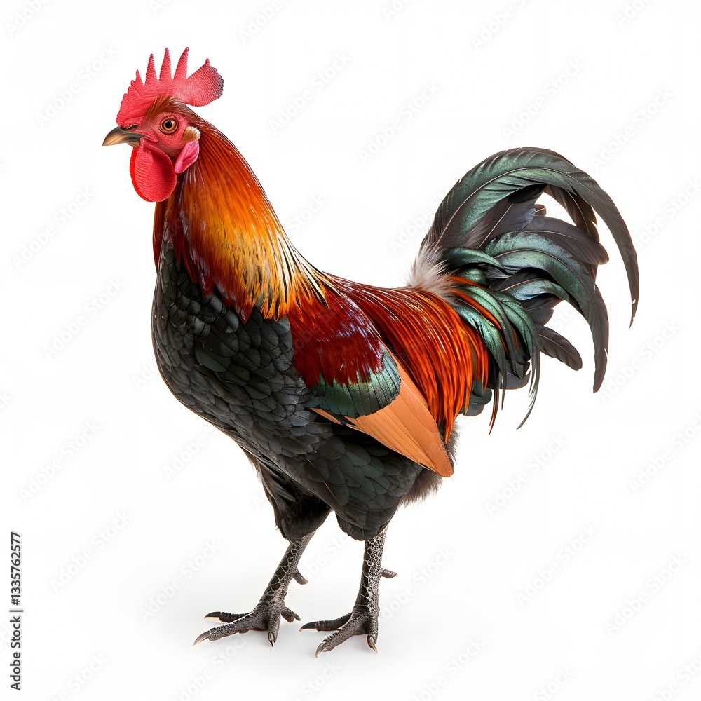Fototapeta premium Colorful Rooster Standing Proudly in Bright White Background