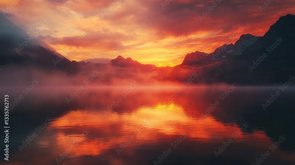 Obraz premium Fiery Sunset over Misty Lake: A breathtaking panorama captures a vibrant sunset casting fiery hues across a still lake nestled amidst majestic mountains, the scene shrouded in a mystical morning mist.